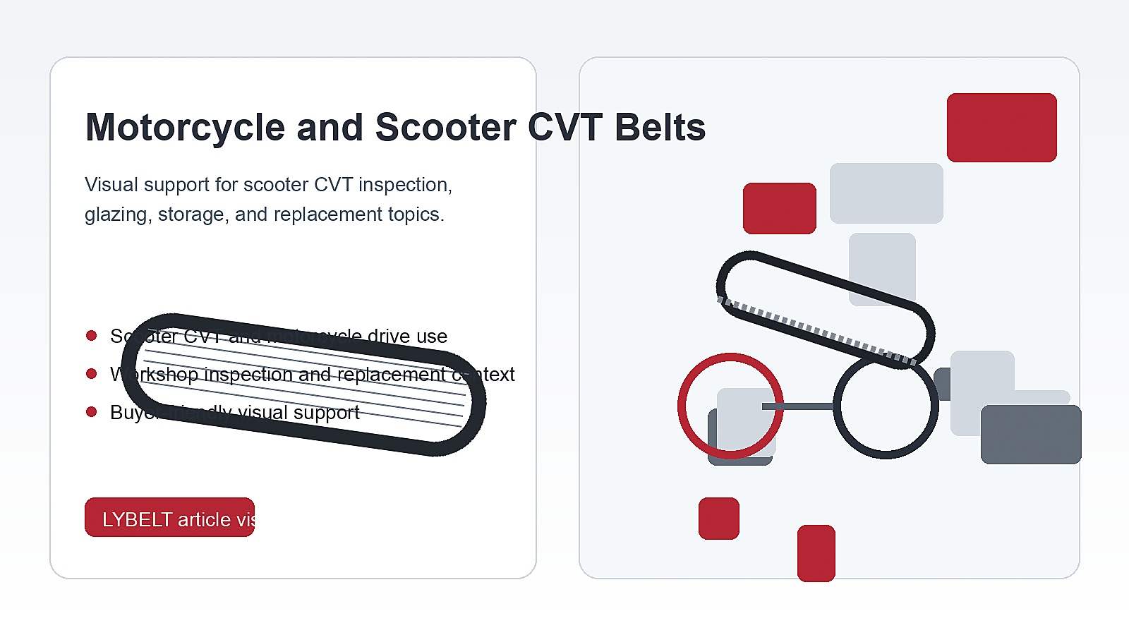 Motorcycle and scooter CVT belt inspection visual for glazing, wear, storage, and replacement topics.