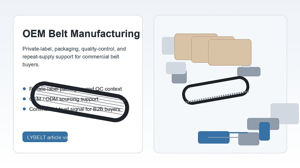 OEM rubber belt manufacturing and quality control visual for private-label belt production, packaging, and inspection.