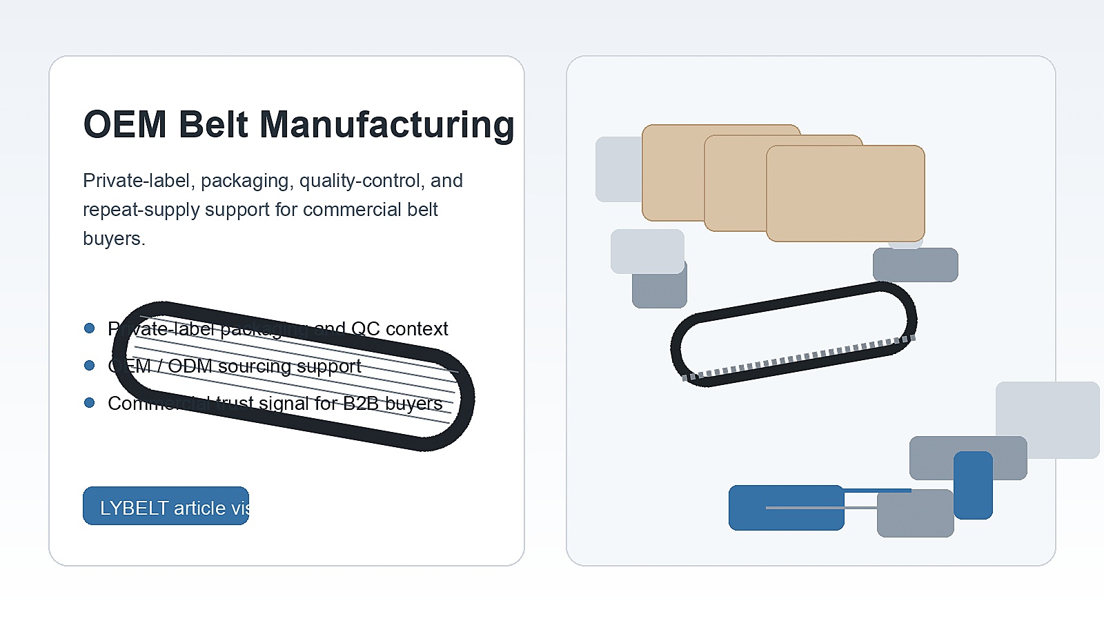 OEM rubber belt manufacturing and quality control visual for private-label belt production, packaging, and inspection.
